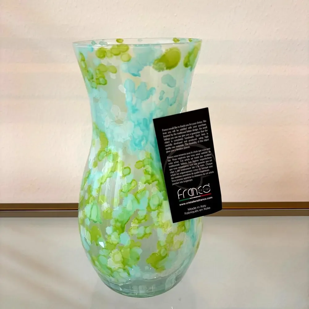 Franco Italy Murano Art Glass Vase 11.5in Pastel Blue & Green Speckled NEW